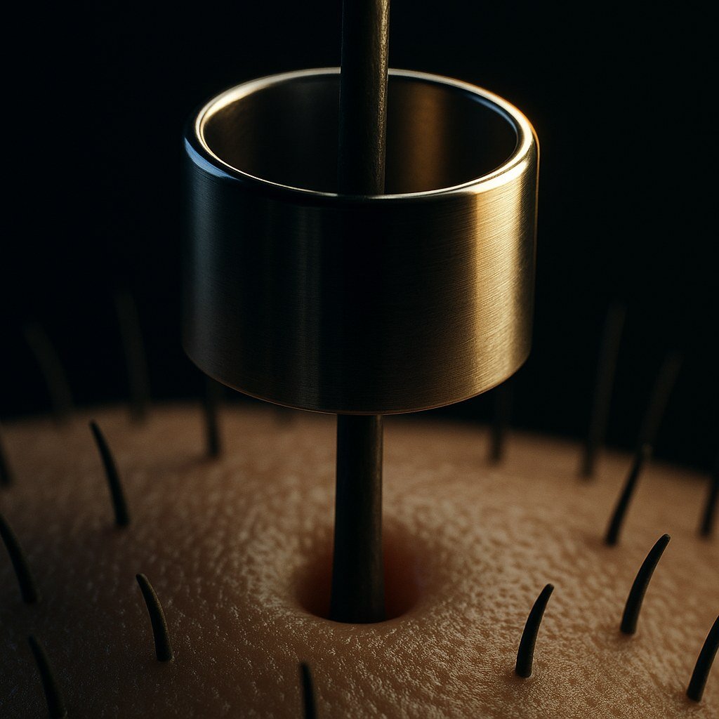 Macro visualisation of a micro-punch isolating a single follicular unit