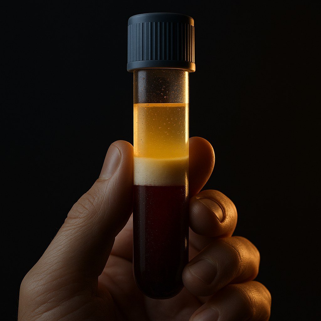 Centrifuge tube showing separated platelet-rich plasma