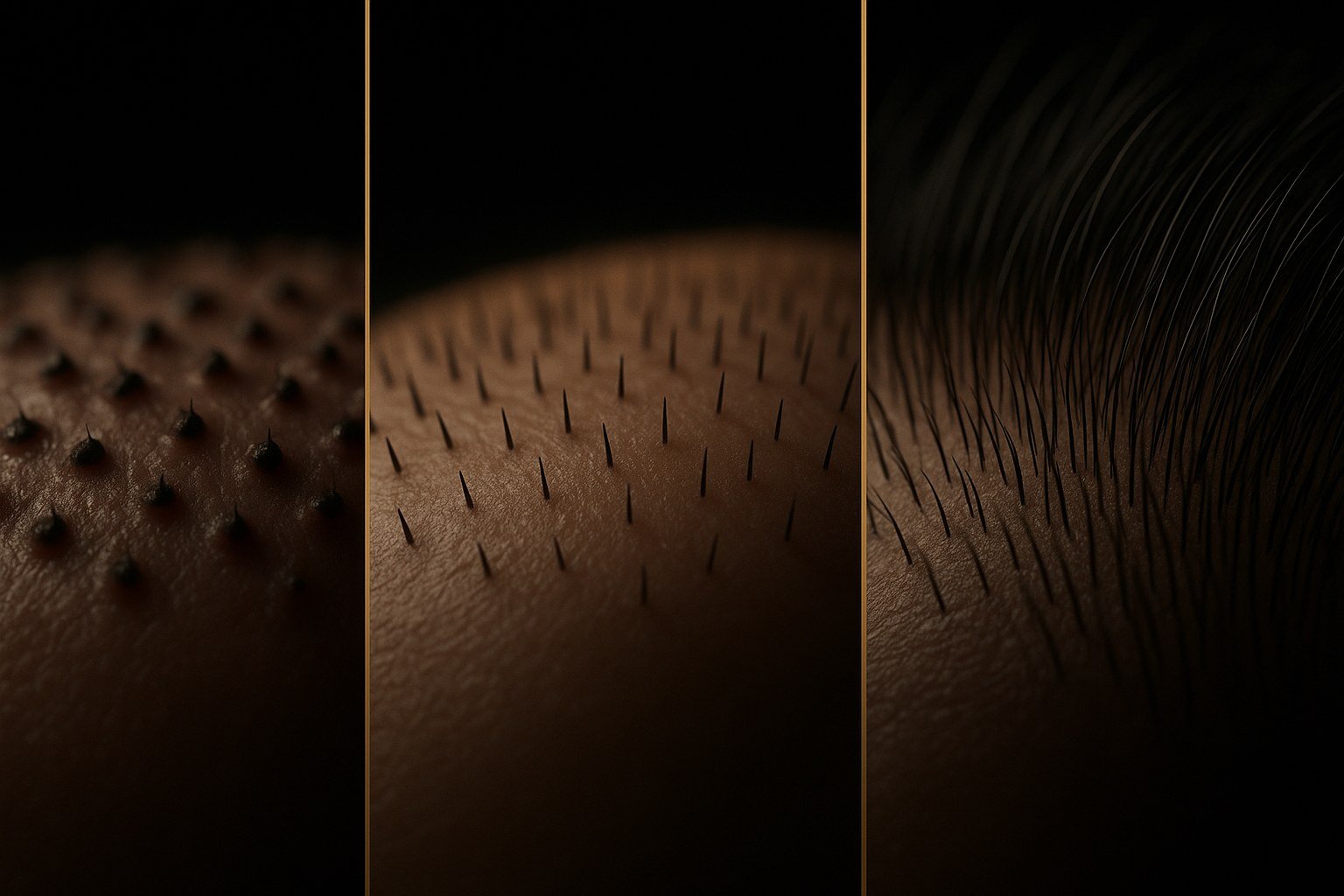 Scalp at three healing stages: fresh grafts, healed skin, regrown hair