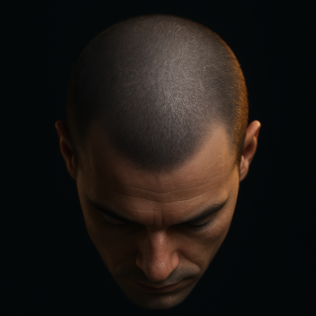 Looking down at the top of the head.